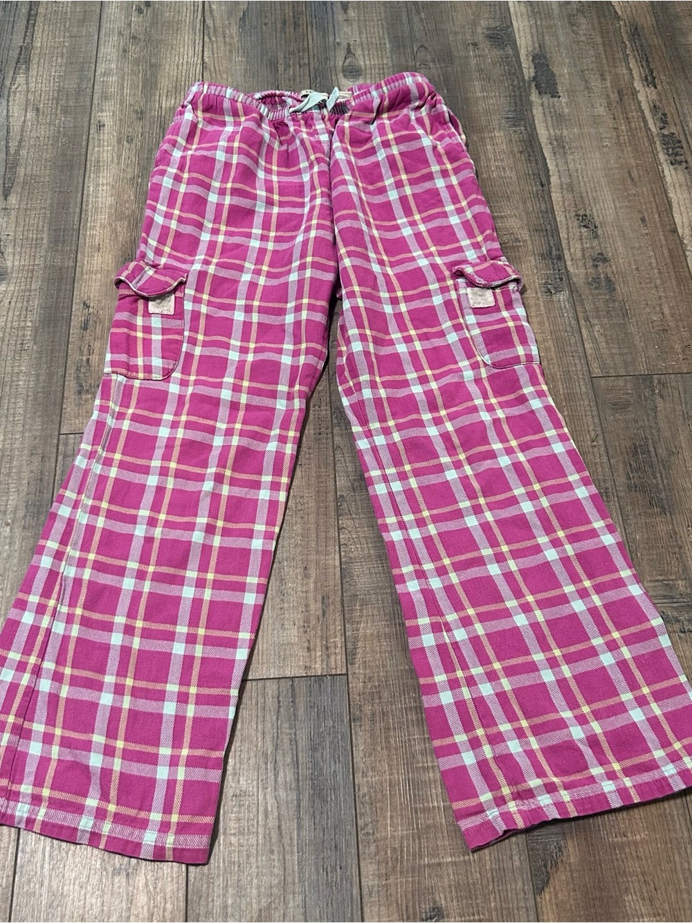 LL Bean Youth Sz 12 Plaid Flannel Cargo Lounge Pants Side Pockets Pink White
